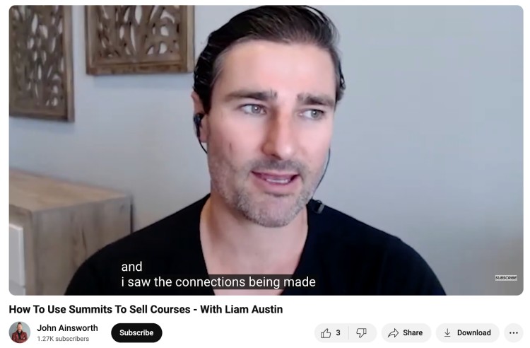 Liam Austin shares how to create and grow your business using virtual summits during a YouTube podcast interview.