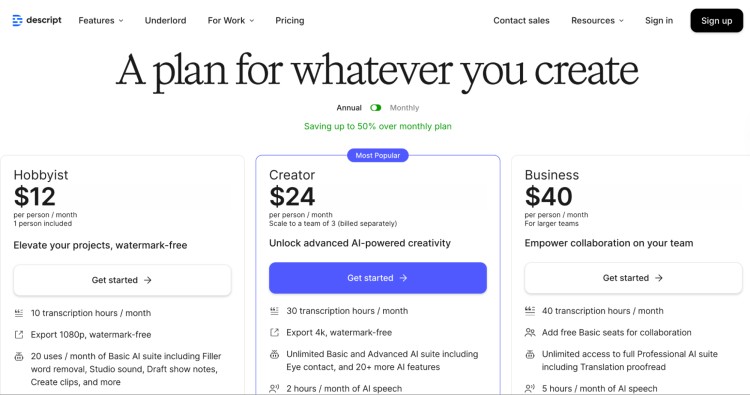 Descript pricing plans for creators who want AI editing tools, from hobbyist to business-level collaboration