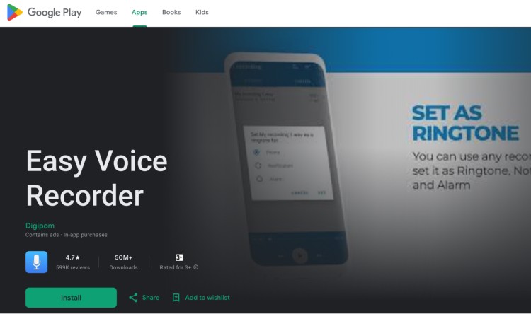 Easy Voice Recorder app listing on Google Play with install button and ringtone feature