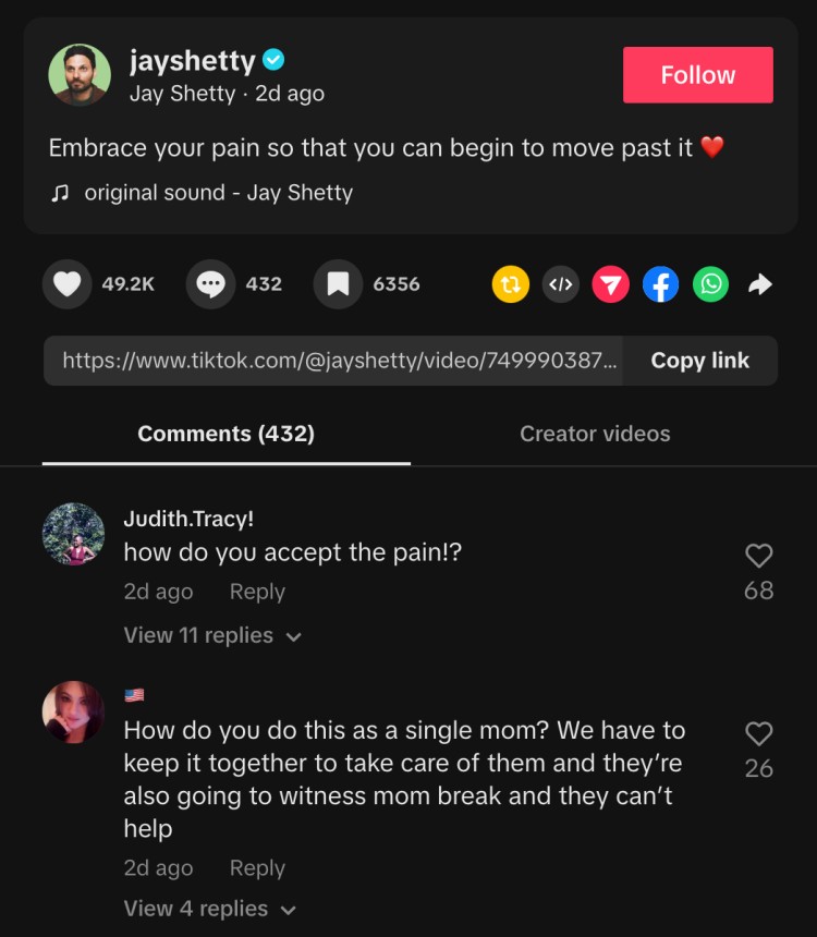 Jay Shetty's TikTok post with engaged listeners commenting on emotional healing and personal struggles