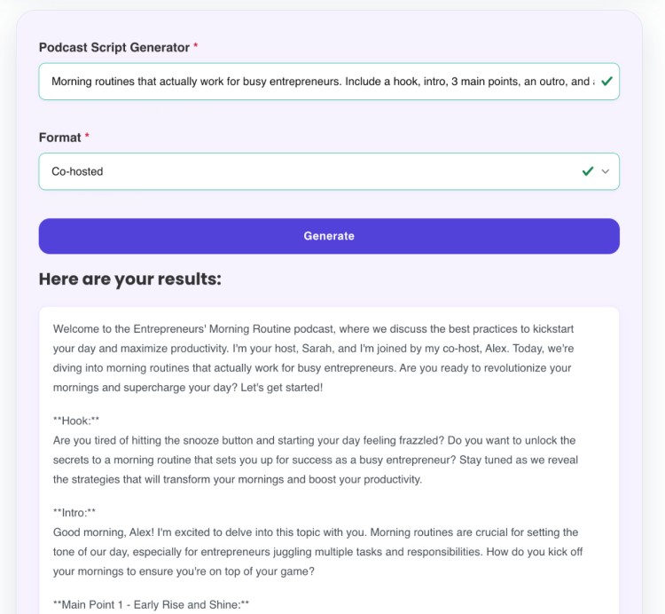 Screenshot showing a co-hosted podcast format generated script for a morning routines episode.