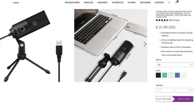 Fifine K669 USB microphone with tripod stand, shown connected to a laptop, ideal for podcasting, streaming, or voice recording