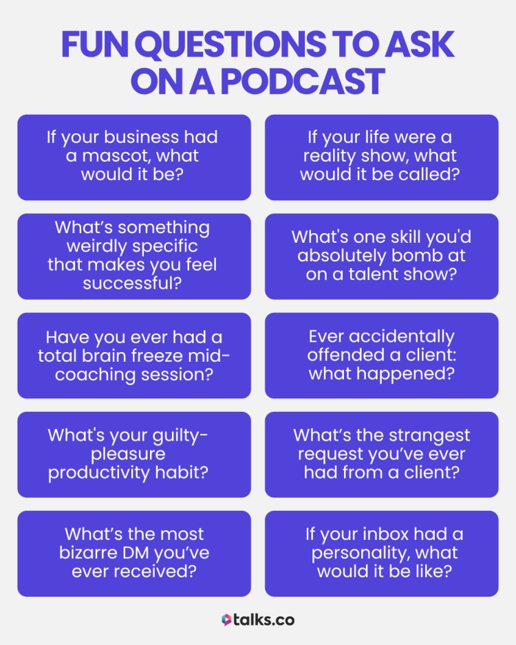 List of fun podcast questions to engage guests in lighthearted, personal conversations.