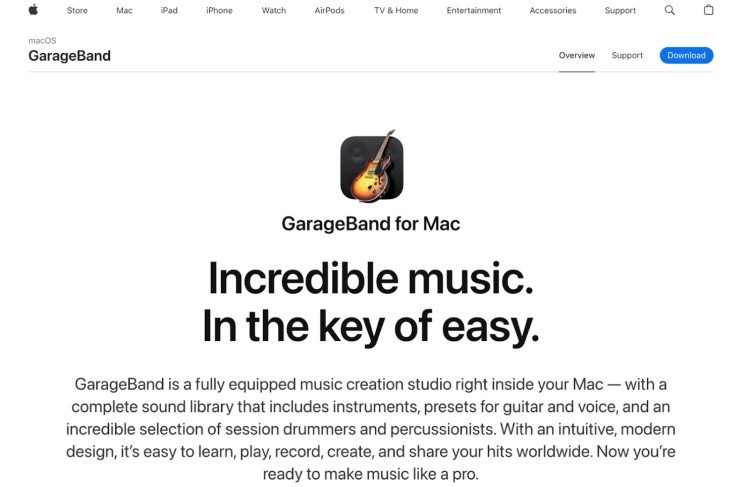 GarageBand recording software homepage showcasing its features as a free music and podcast editing tool for Mac users