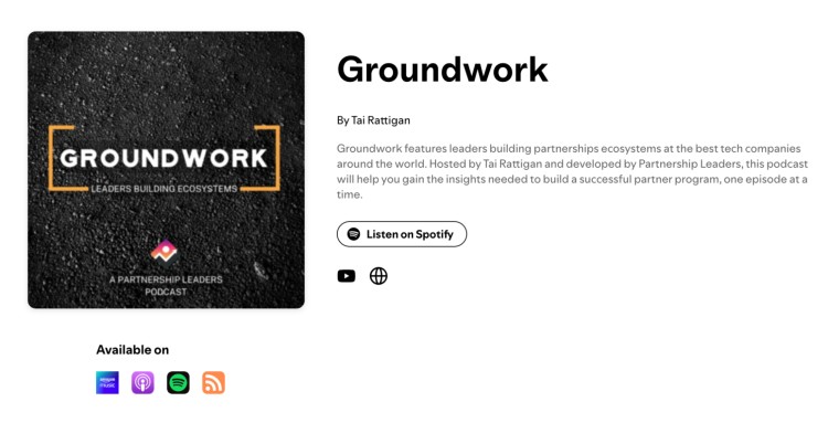Visually appealing Groundwork podcast page featuring a textured black background with bold branding and platform links for listening.