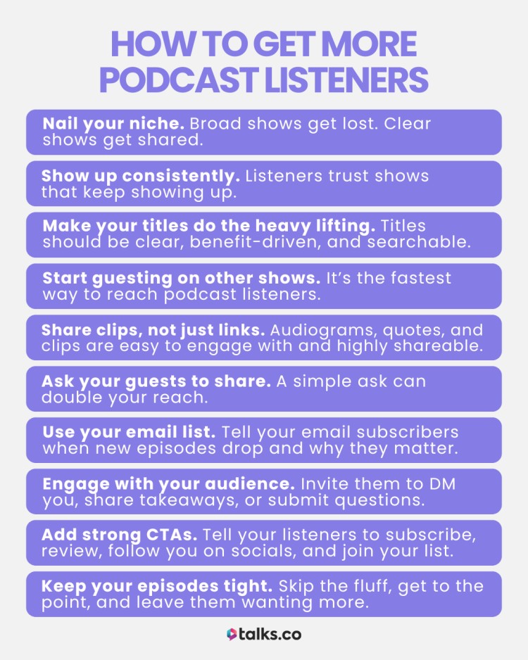 Strategies to grow the number of listeners for your podcast, shared by Talks.co