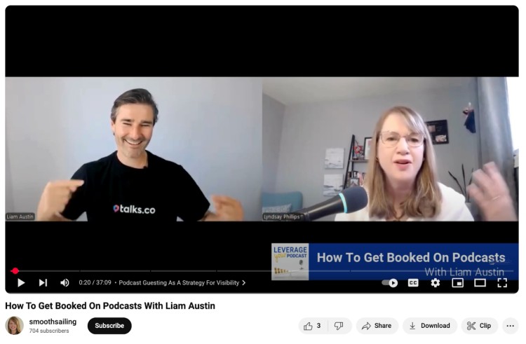 Liam Austin appears as a guest on a video interview with Lyndsay Phillips discussing how to get booked on podcasts using a proven podcast strategy.