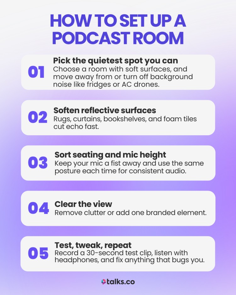 Infographic showing 5 steps on how to set up a podcast room to improve the sound quality of your podcasts.