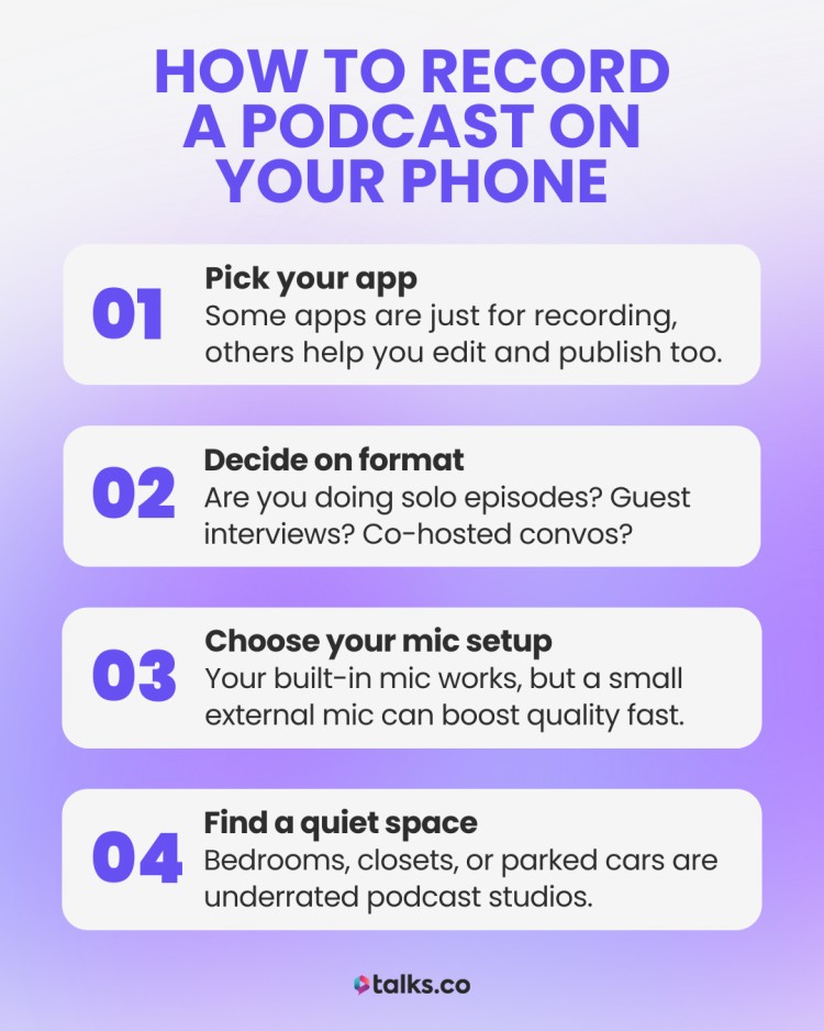 Infographic with four simple steps for recording a podcast on a phone