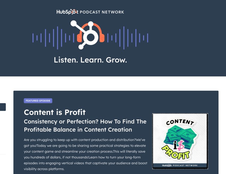 Promotional feature of the "Content is Profit" podcast on the HubSpot Podcast Network, focusing on content creation strategies.