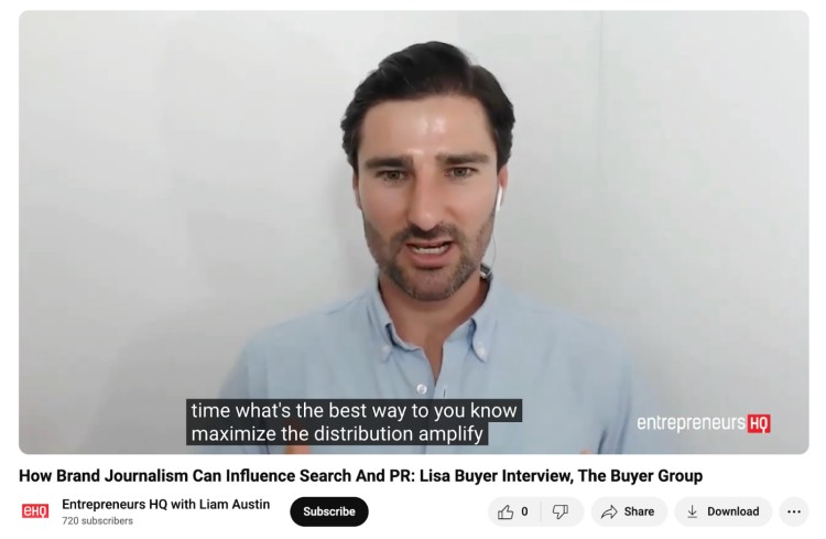 Liam Austin on an interview-style podcast, discussing how brand journalism influences PR and search visibility.