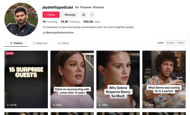 Jay Shetty’s TikTok profile showing short clips from his podcast episodes featuring Khloé Kardashian, Selena Gomez, and other guests.