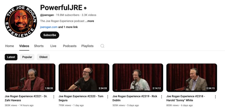 Screenshot of the Joe Rogan Experience YouTube channel displaying recent podcast recording video thumbnails.