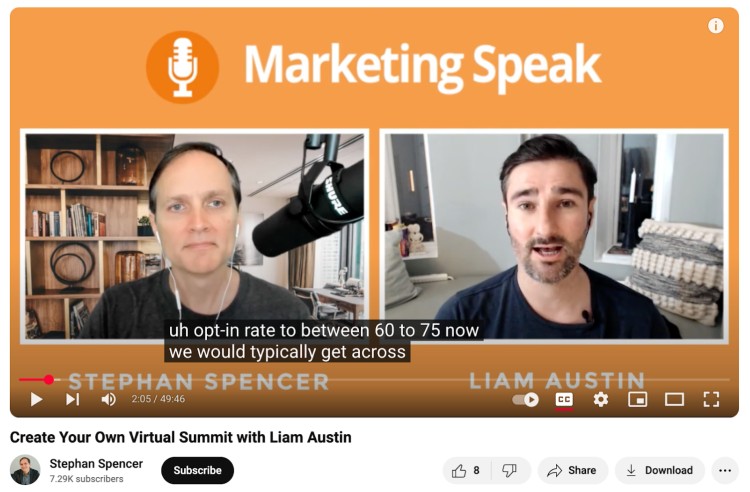 Liam Austin appears as a guest on the Marketing Speak podcast with Stephan Spencer to discuss strategies for creating your own virtual summit.