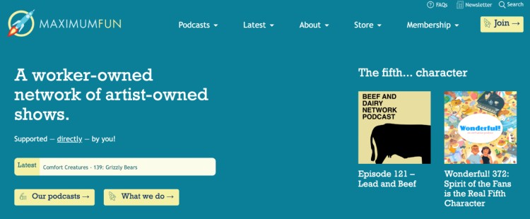 Maximum Fun homepage featuring comedy podcasts and highlighting its worker-owned, artist-driven model