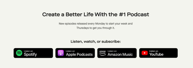The Mel Robbins Podcast promotes its new episodes released every Monday and Thursday with links to listen on Spotify, Apple Podcasts, Amazon Music, and YouTube, highlighting its consistent podcast hosting schedule.