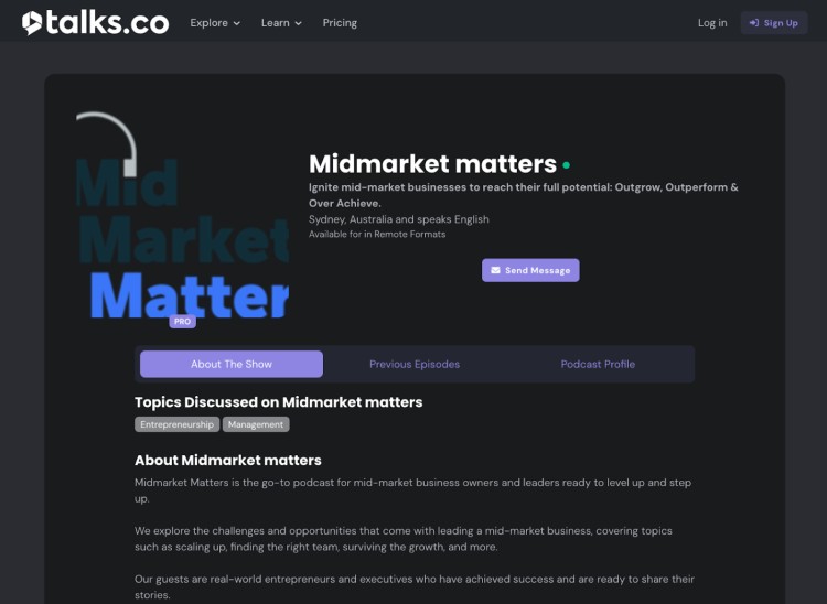Midmarket Matters podcast creator profile on Talks.co showing an example of a podcast pitch deck with clear branding and professional layout.