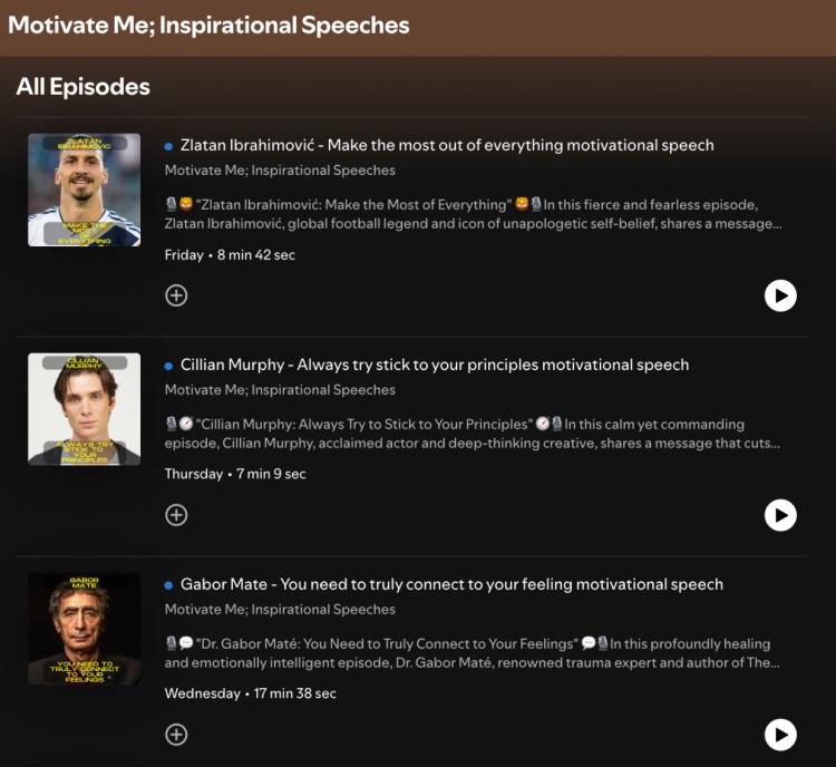 Screenshot comparing episode length of three motivational podcast episodes from the Motivate Me series.