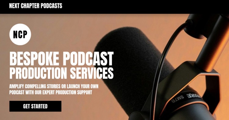 Next Chapter Podcasts homepage showing how a network can help launch or amplify branded shows