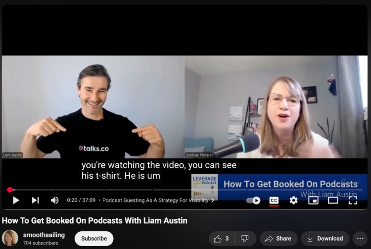 Screenshot from a podcast episode featuring Liam Austin discussing how to get booked on podcasts.