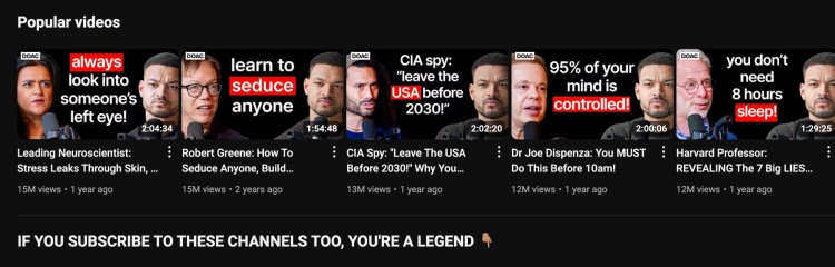 Podcast episode thumbnails on YouTube featuring popular interviews with experts like Dr. Joe Dispenza and Robert Greene