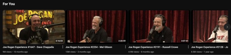 Joe Rogan Experience podcast guests including Dave Chappelle, Mel Gibson, Russell Crowe, and others in popular YouTube thumbnails