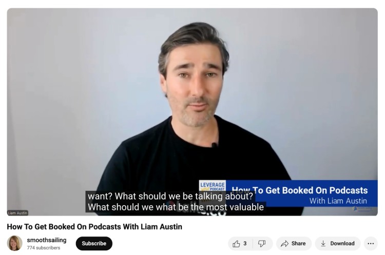 Podcast interviewer asks Liam Austin how to get booked on podcasts during a guest expert interview.