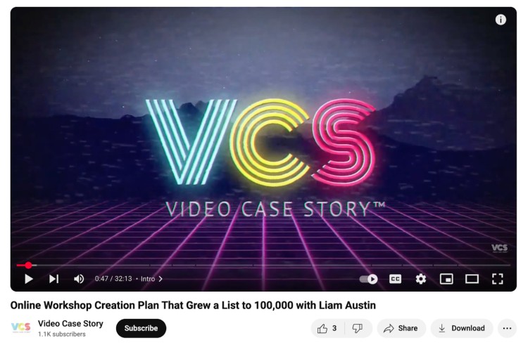 Podcast intro visual from Video Case Story with neon VCS logo and retro grid background.