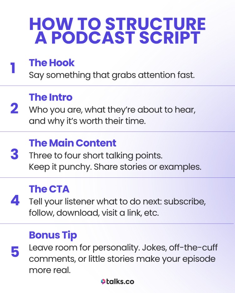 Infographic showing how to use a podcast script as a guide with five clear steps.
