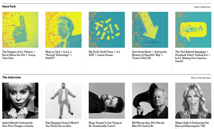 Selection of podcasts that are produced by The New York Times, including Hard Fork and The Interview