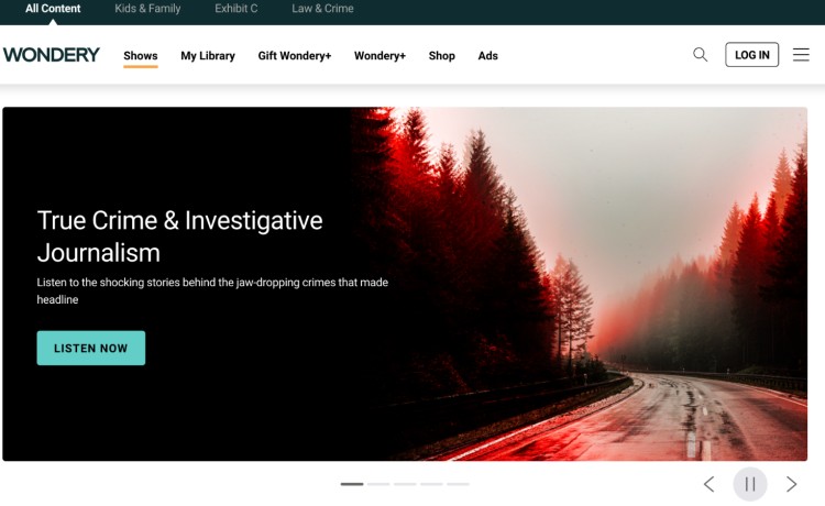 Wondery homepage highlighting podcasts within the true crime and investigative journalism genre