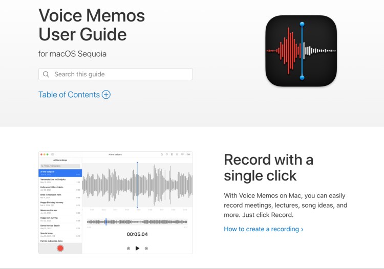 Voice Memos user guide showing how to record using the macOS Voice Memos app with a single click