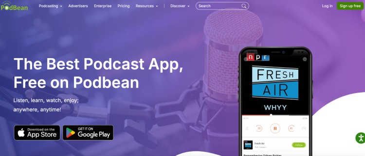 Homepage of Podbean, a recording app like many others offering free podcast hosting and listening