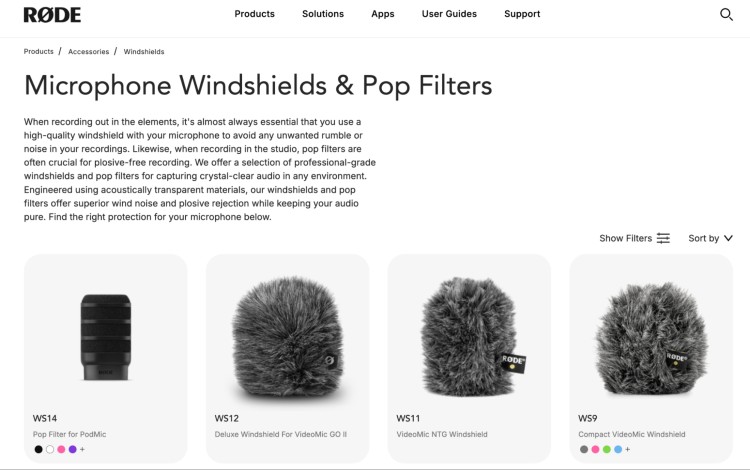 RØDE microphone windshields and pop filters for reducing wind noise and plosives during recording