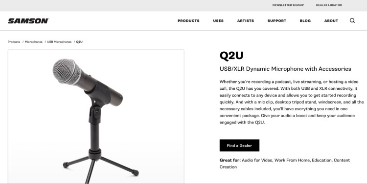 Samson Q2U microphone with tripod stand and accessories for podcasting and content creation