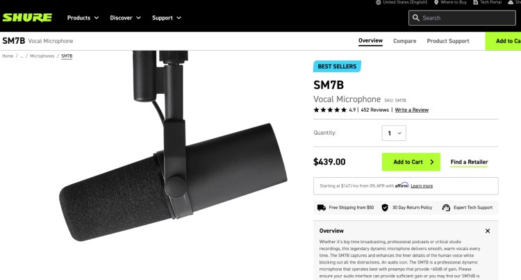 Shure SM7B microphone product listing showing premium vocal mic ideal for podcasting and broadcasting