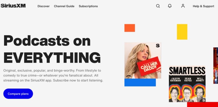 SiriusXM podcast homepage showing the type of content podcast networks want, including celebrity-led shows