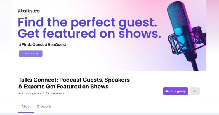 Talks Connect Facebook group page showcasing how social media for podcast growth can help you find guests and get featured.