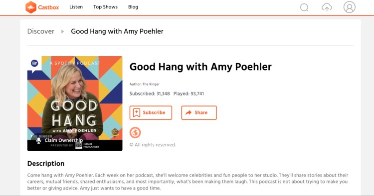 Spotify podcast 'Good Hang with Amy Poehler' featured on Castbox with subscribe and share options