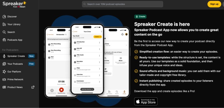 Screenshot of the Spreaker Create app showcasing tools for creating podcast content on mobile devices.