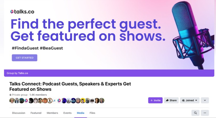 Talks.co Facebook group with many followers helping podcast guests and experts get featured on shows