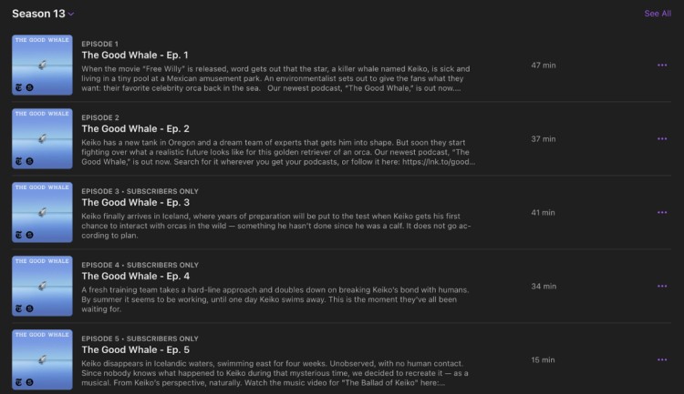 Screenshot showing a list of podcast episodes from The Good Whale series, part of popular storytelling podcasts.