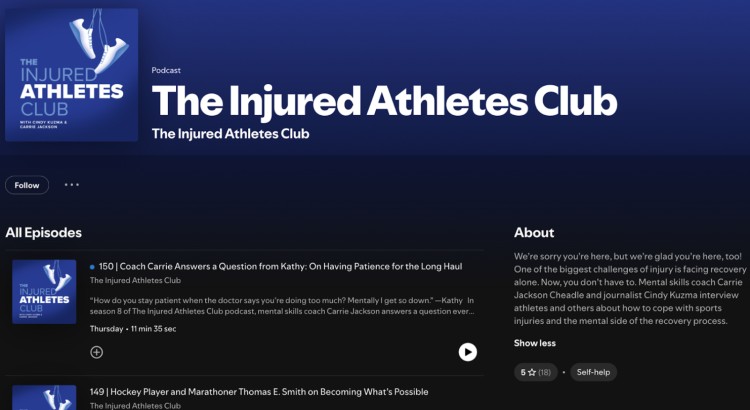 The Injured Athletes Club podcast page featuring mental skills coach Carrie Jackson and journalist Cindy Kuzma who explore sports injuries and recovery.