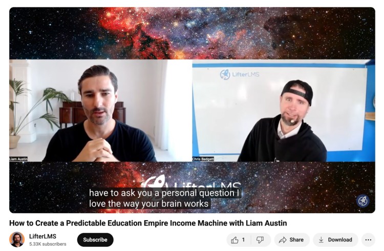 Liam Austin responds to personal questions during a podcast interview with LifterLMS, diving into mindset and strategies for building a successful education business.
