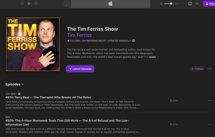 Screenshot of The Tim Ferriss Show podcast on Apple Podcasts displaying episode length for recent episodes.