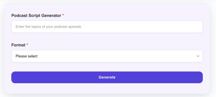 Screenshot of the Talks podcast script generator interface designed to help users create structured podcasts.