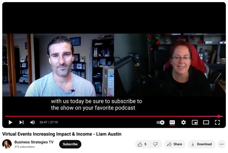Screenshot of a video podcast interview on Business Strategies TV featuring Liam Austin and the host discussing virtual events.