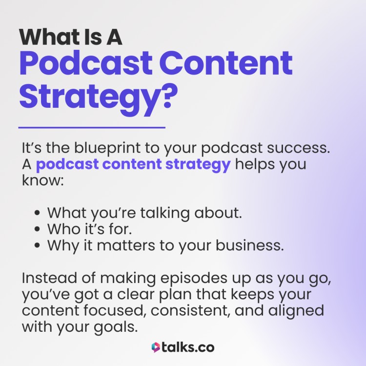 An educational graphic explaining what a podcast content strategy is, including why it's essential for creating consistent, focused podcast episodes.