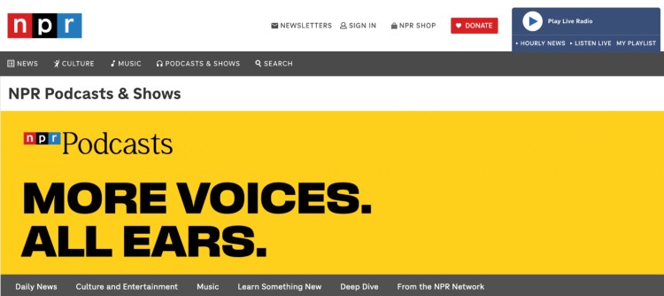 NPR Podcasts homepage showcasing the diversity podcast networks want in content and creators