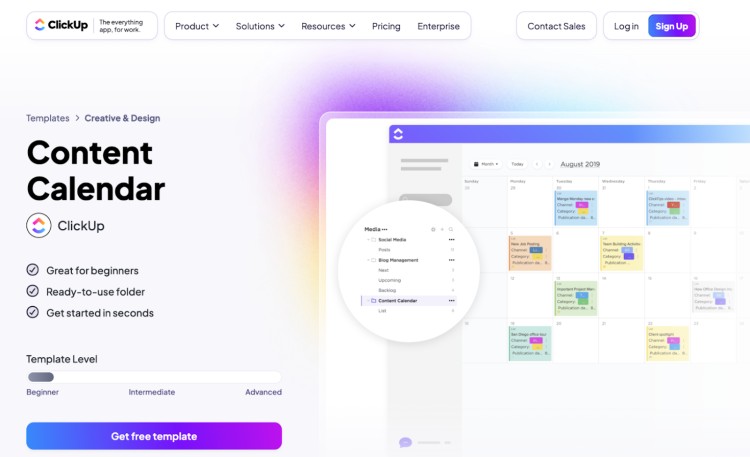 ClickUp's content calendar template interface shown with a color-coded calendar and media planning folder, ideal for organizing podcast content.
